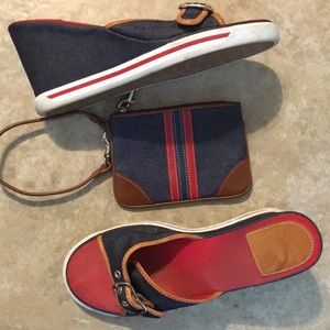 Coach Denim Red Leather Wedge Slides &Wristlet Set